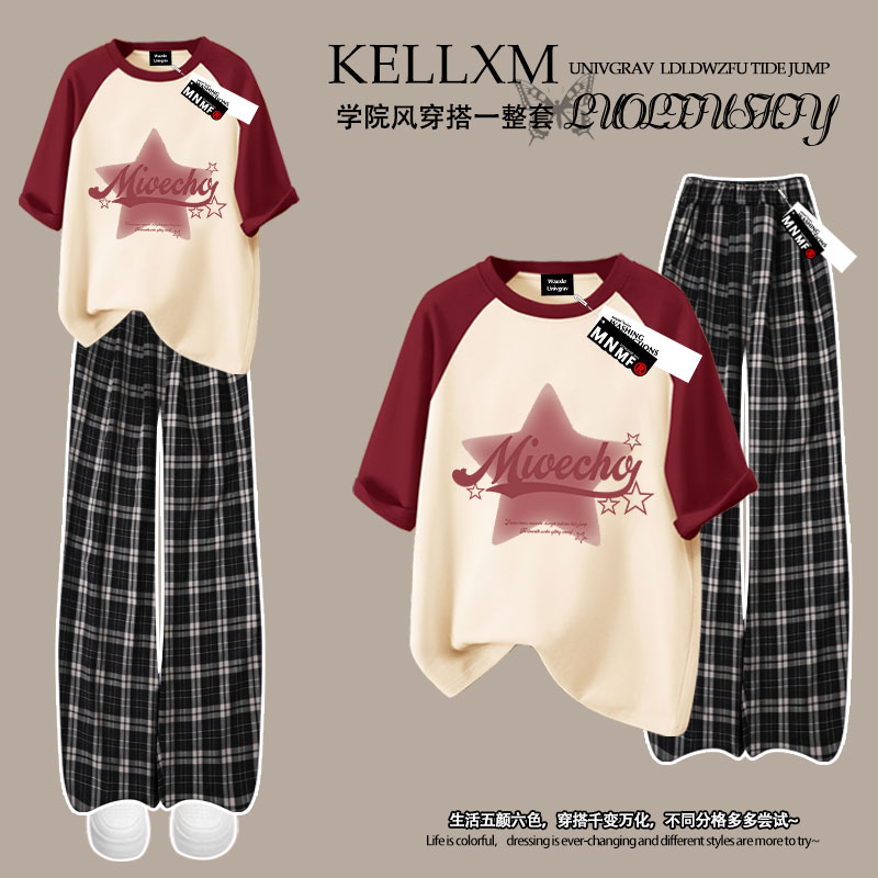 夏季2025新款女童插肩短袖格子裤套装卡通五角星印花中大童两件套