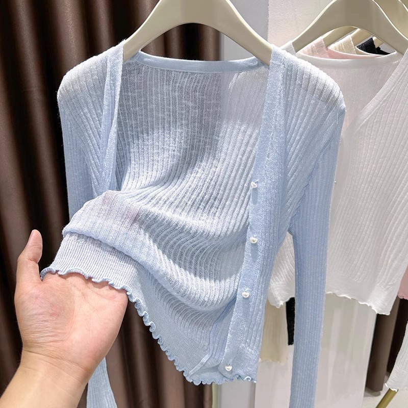 大码蓝色冰丝防晒开衫女夏季薄款针织衫胖mm吊带外搭披肩短款上衣