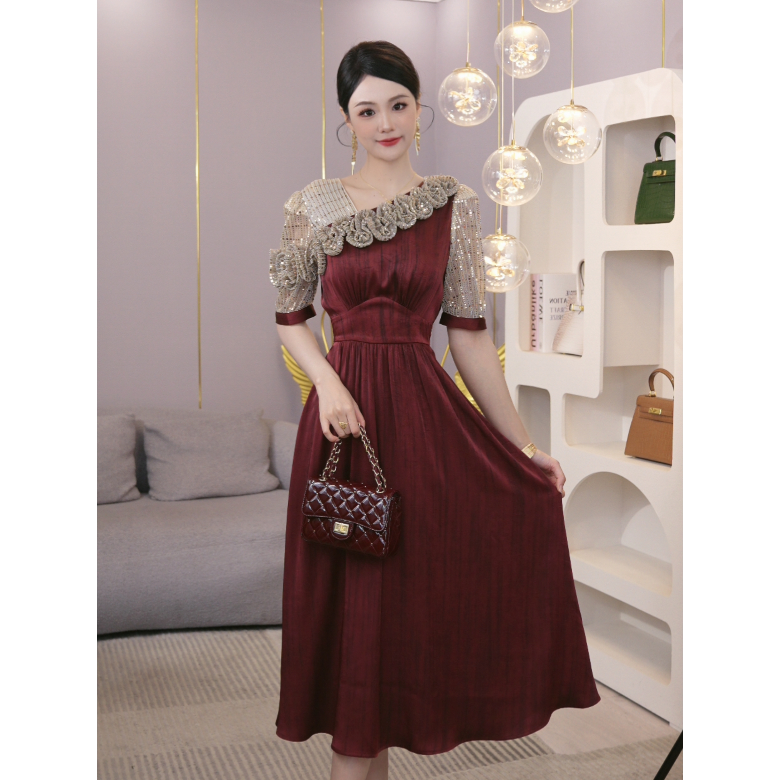 2026夏季新款【LT-1114】法式轻奢扎花红色亮片网纱V领显白连衣裙