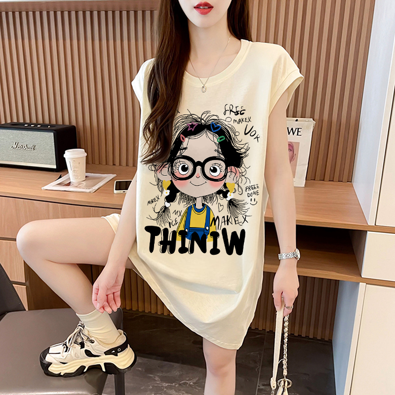 卡通洋气减龄无袖背心女夏季韩版时尚宽松休闲中长款显瘦T恤裙ins