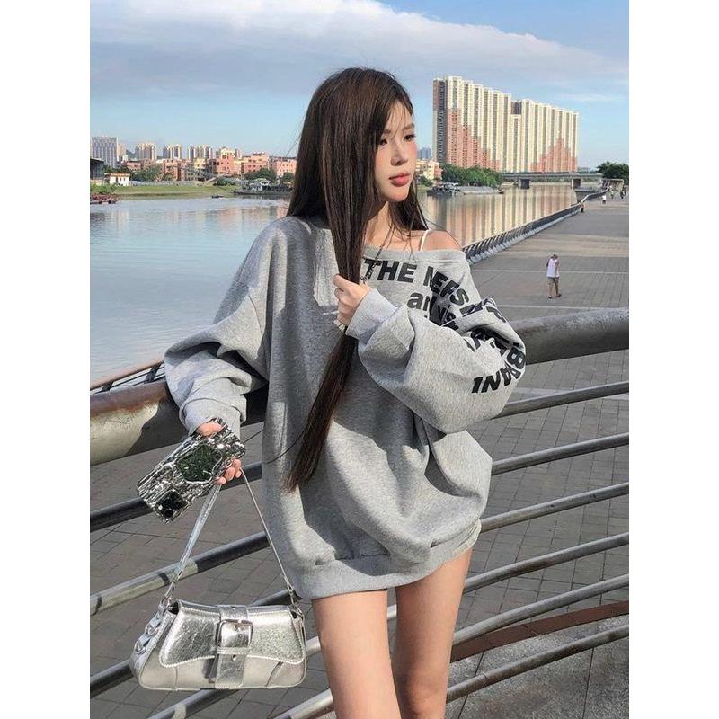 品牌撤柜美式辣妹字母印花灰色卫衣女早秋设计感宽松休闲oversize