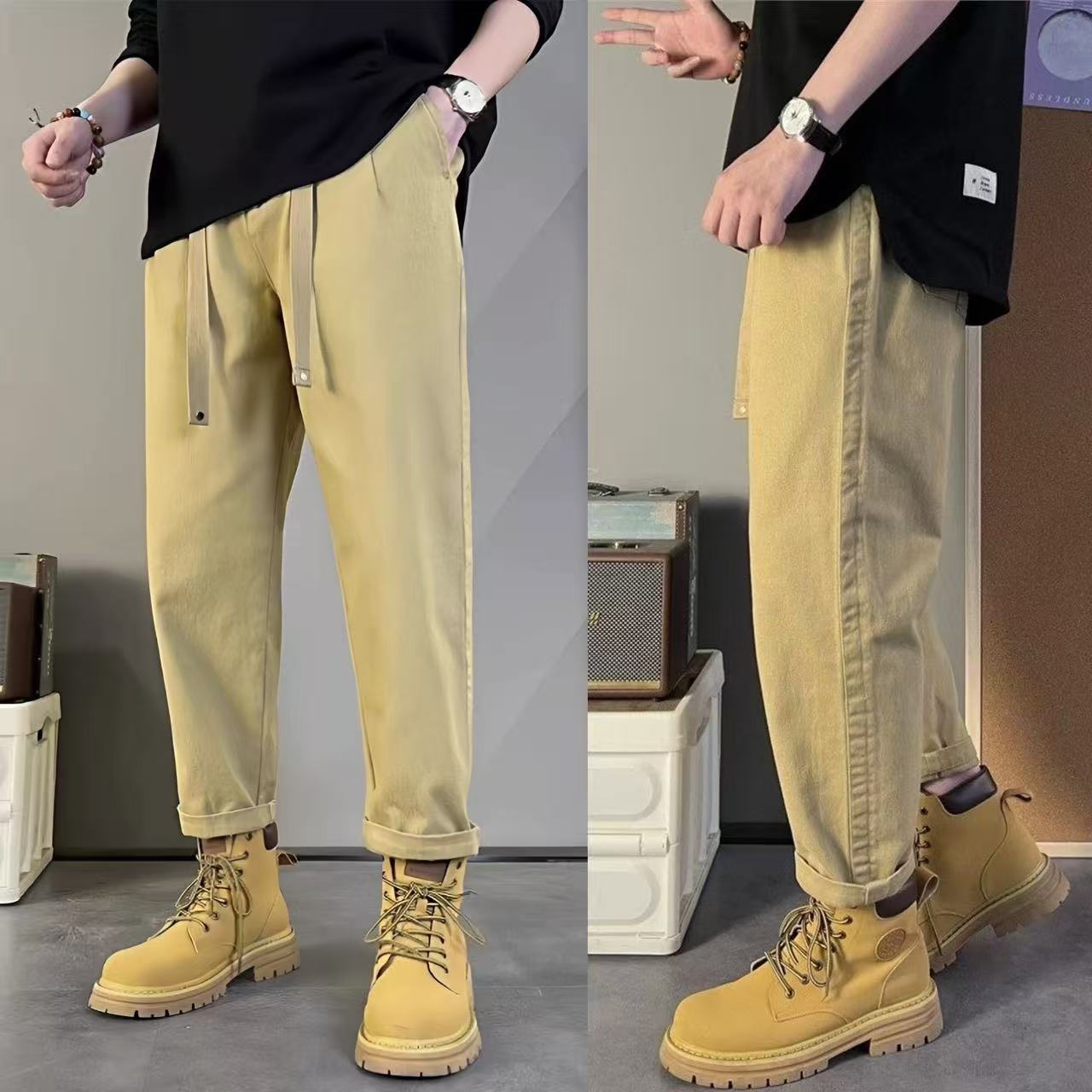 男士微宽松直筒裤春夏秋季纯棉水洗休闲裤卡其色高级感工装裤子男