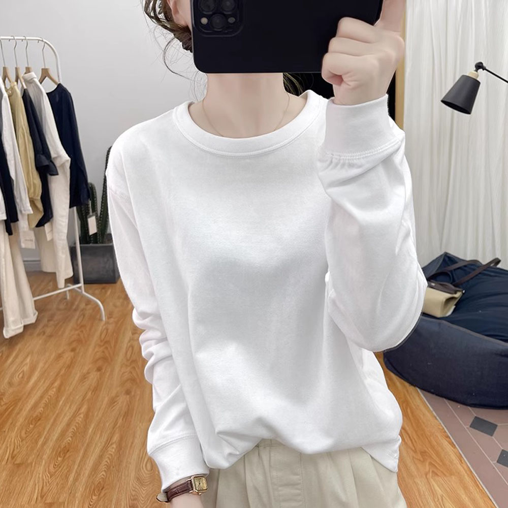 早秋简约时尚新款韩版休闲百搭圆领套头长袖纯棉打底显瘦磨毛t恤