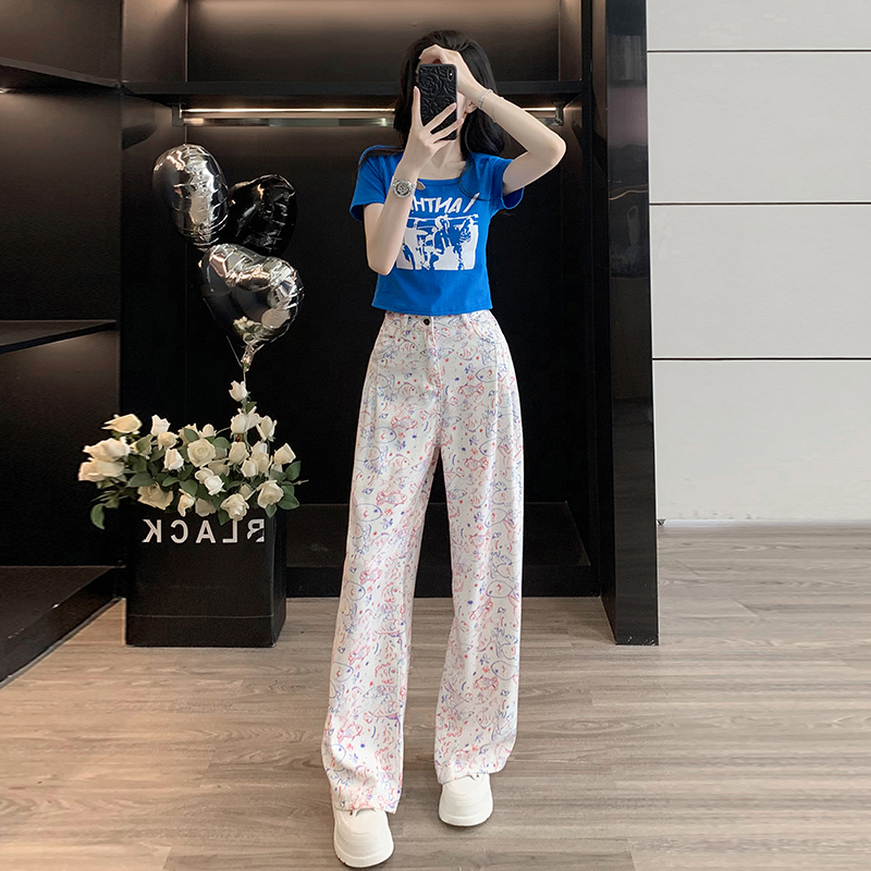 港风配一整套夏装女复古显瘦短袖T恤减龄阔腿牛仔裤时尚两件套