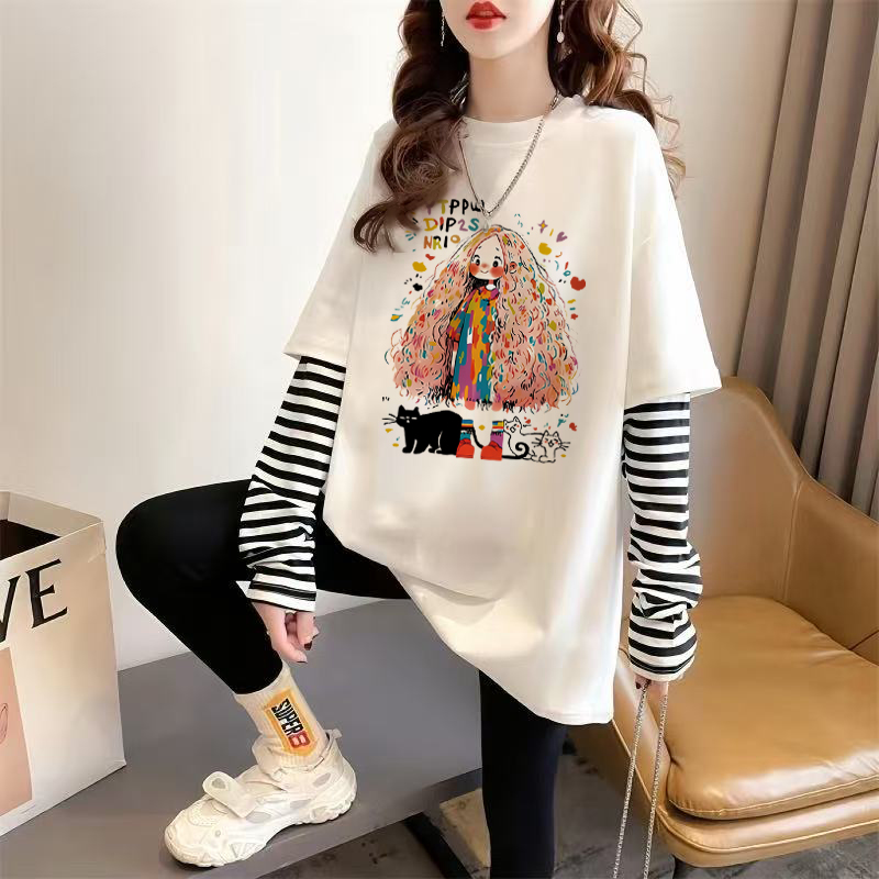 假两件条纹长袖t恤女秋冬内搭打底衫2025新款宽松中长款纯棉上衣