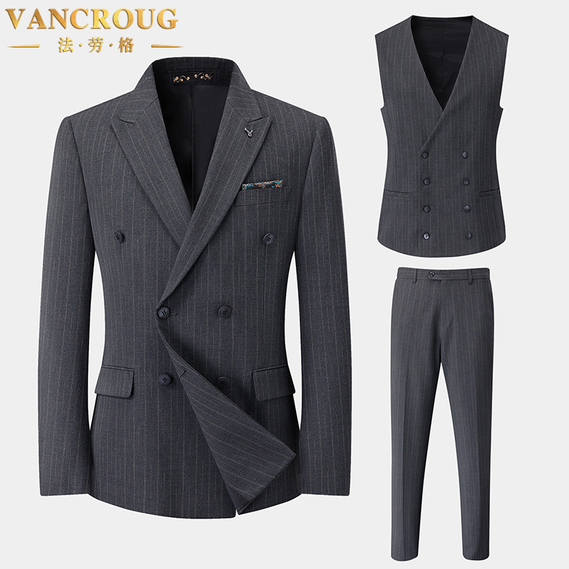 VANCROUG/法劳格西服套装男士秋季条纹宽松商务休闲结婚礼服套装