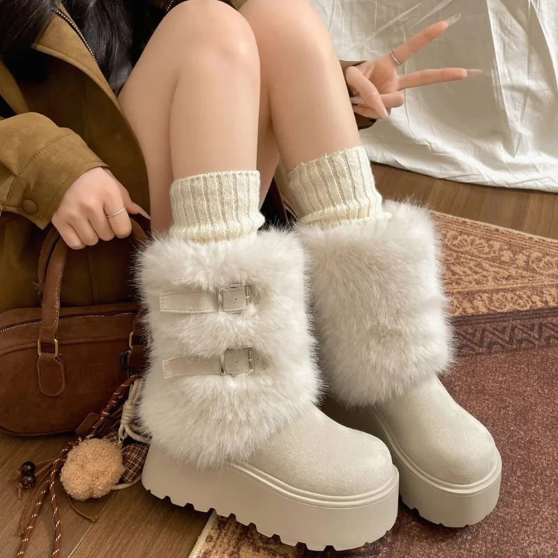 OJRZ小个子超厚底毛毛中筒靴雪地靴2025冬季新款加绒保暖厚底短靴