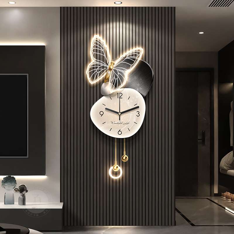 轻奢高级感带时钟电视背景墙装饰画石来运转客厅挂画创意格栅壁灯