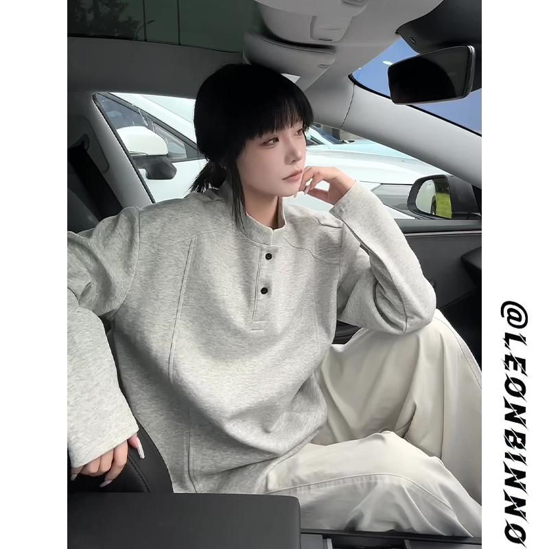 亨利领正肩卫衣男秋季加绒加厚美式解构拼接设计感长袖T恤打底衫