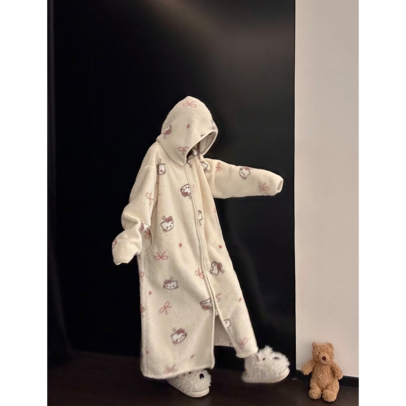 甜美少女凯蒂猫蝴蝶结连帽睡袍女秋冬新款加绒加厚保暖家居服睡裙