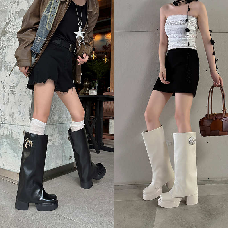 小个子10cm高跟时装靴真皮粗跟厚底秋冬新款水钻方扣后拉链长靴