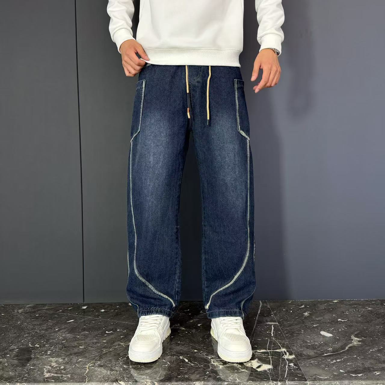 春秋季新款牛仔裤男士时尚潮牌弯刀裤复古宽松直筒阔腿休闲长裤男