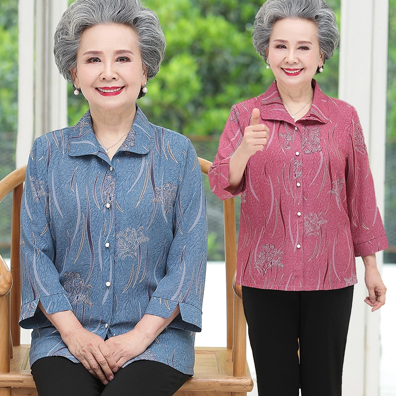 奶奶夏季薄款衬衫中老年人女装衬衣60妈妈夏装上衣70岁老太太衣服
