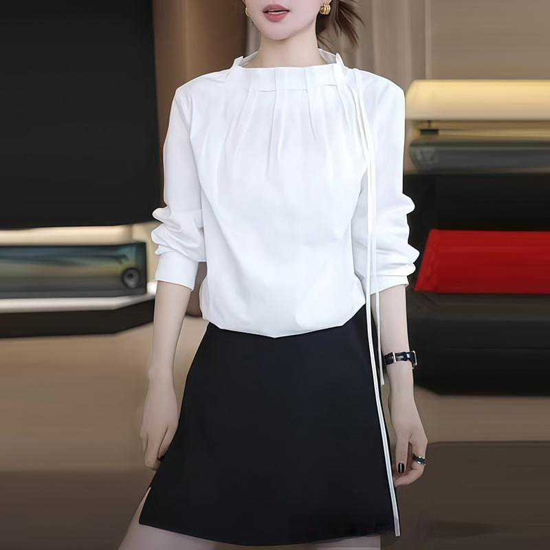 6967高级感洋气衬衫女士2025早秋新款减龄显瘦系带立领上衣