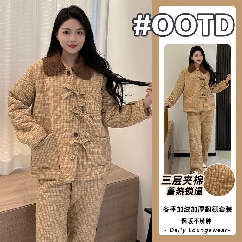 三层夹棉秋冬季保暖蝴蝶结睡衣女款加绒加厚2025年家居服两件套女