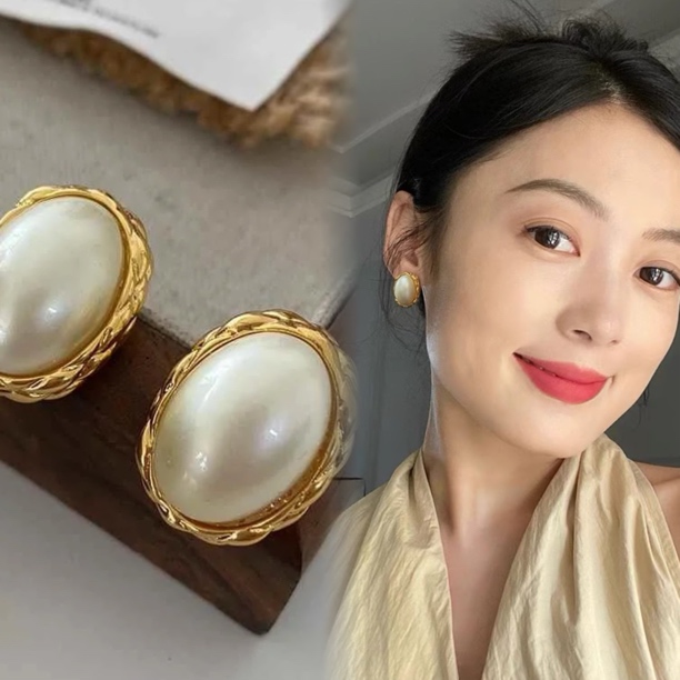 铜合金耳饰 法式复古港风椭圆珠珠气质优雅名媛高级感耳饰 F219