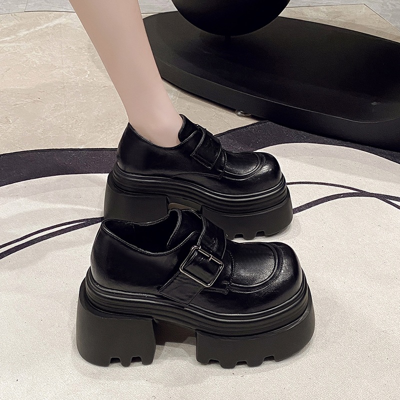 粗跟高跟小皮鞋女2025新款春季爆款百搭松糕厚底增高小个子乐福鞋