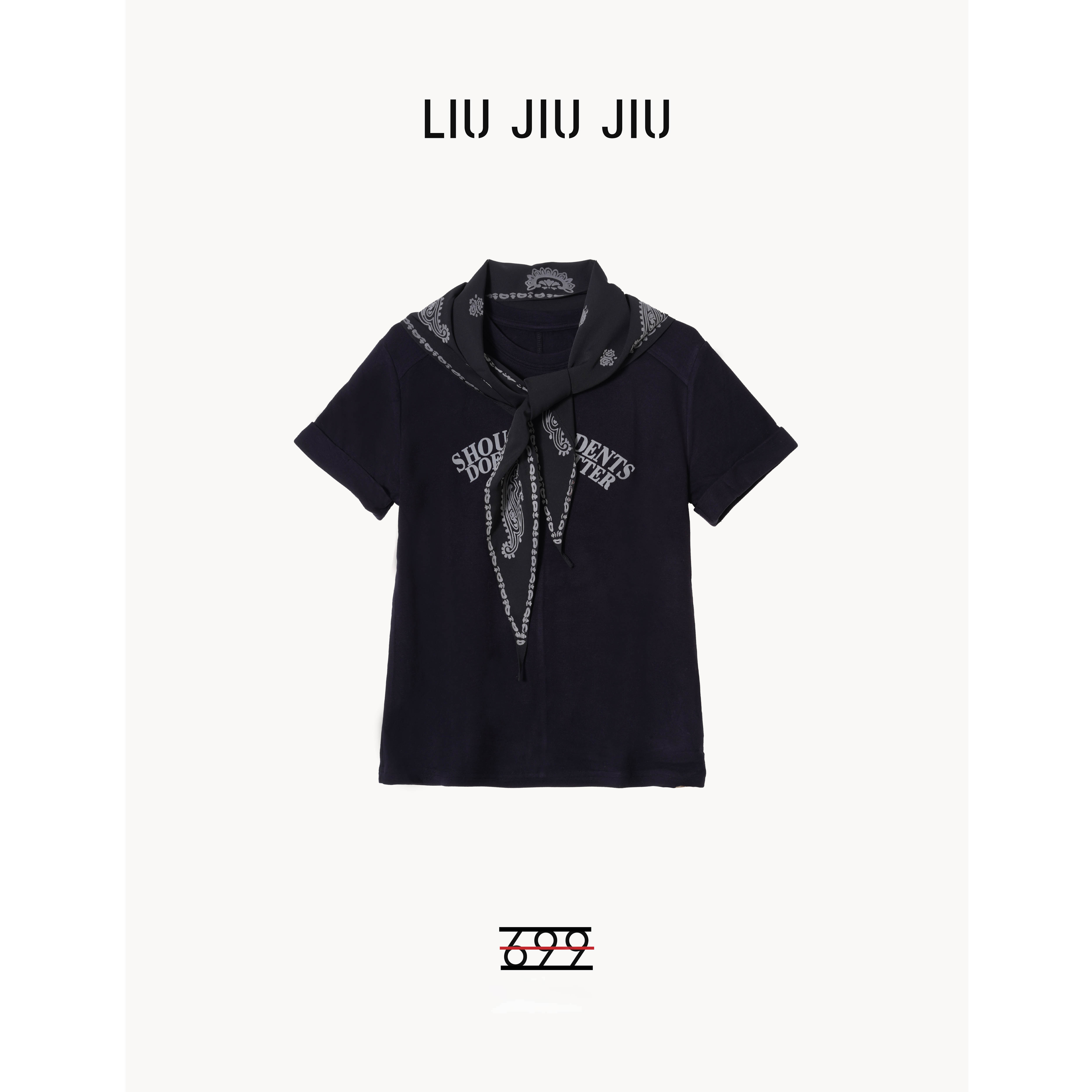 LIUJIUJIU 高奢定制款字母植绒（配丝巾）圆领锁边袖上衣T恤TX5290L