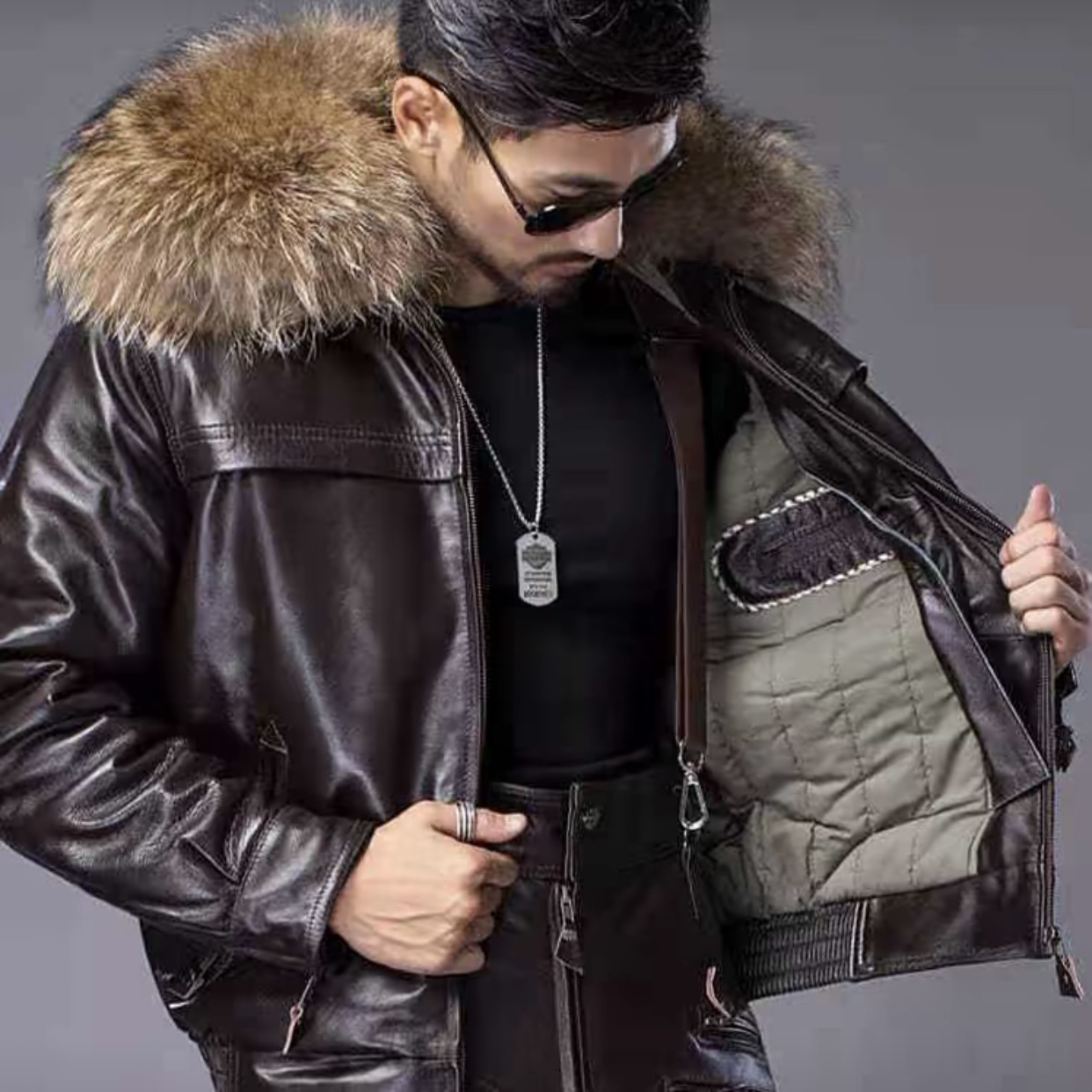 牛皮航空服冬季保暖皮衣绵领夹克宽松型可脱卸领男士中老年时尚装