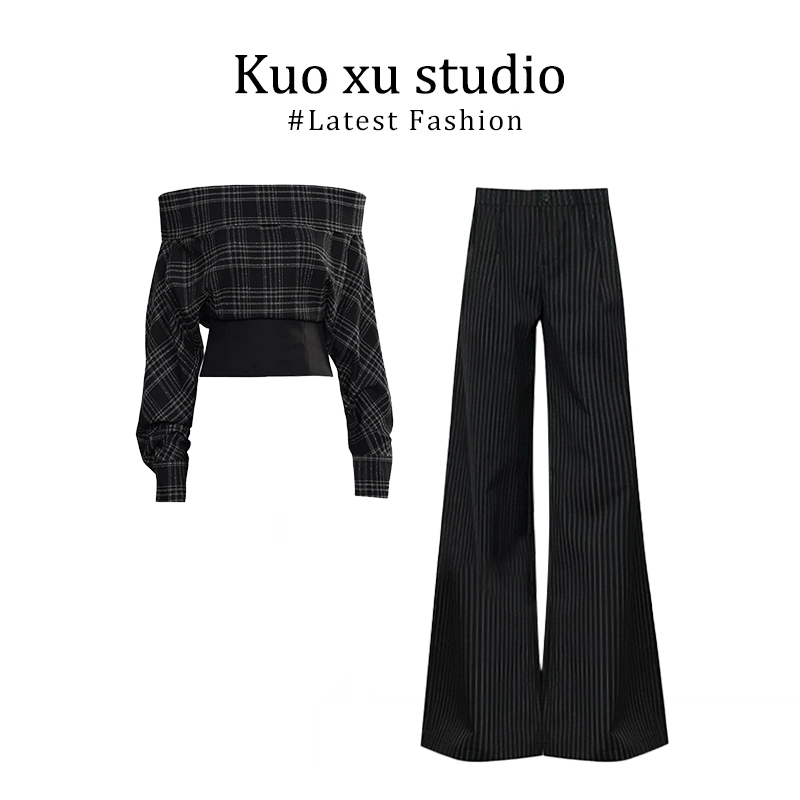 2025秋季撞色格纹设计一字肩收腰长袖上衣女直筒宽松阔腿拖地裤