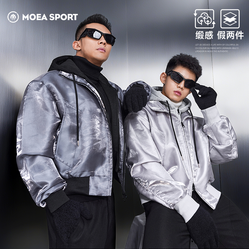 墨立方缎感美式假两件连帽外套男2025年秋冬新款港风运动夹克上衣