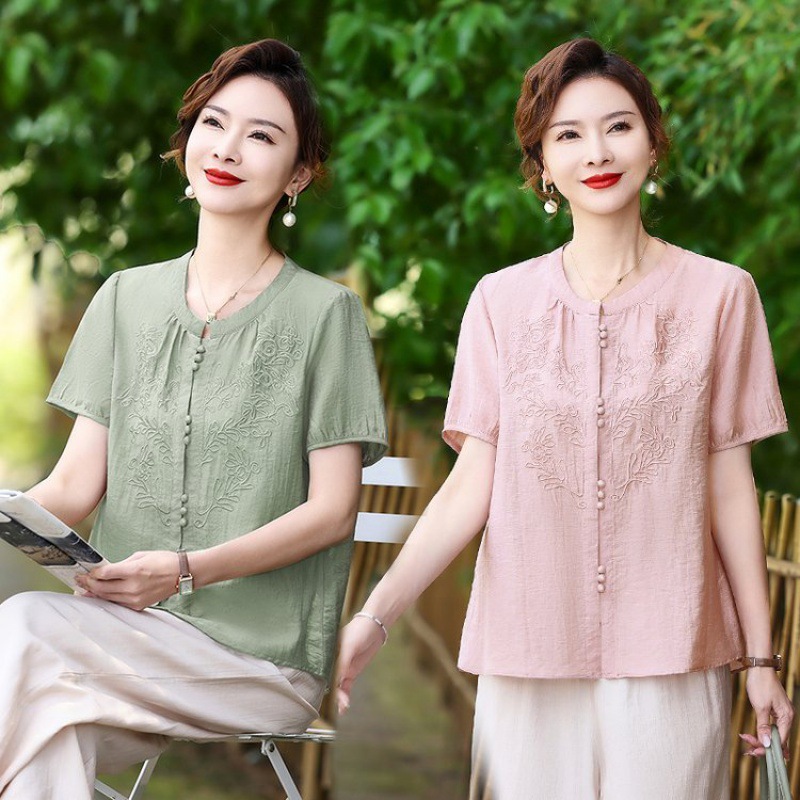 新中式妈妈夏季中年短袖衬衫时尚洋气中老年大码宽松上衣妈妈装