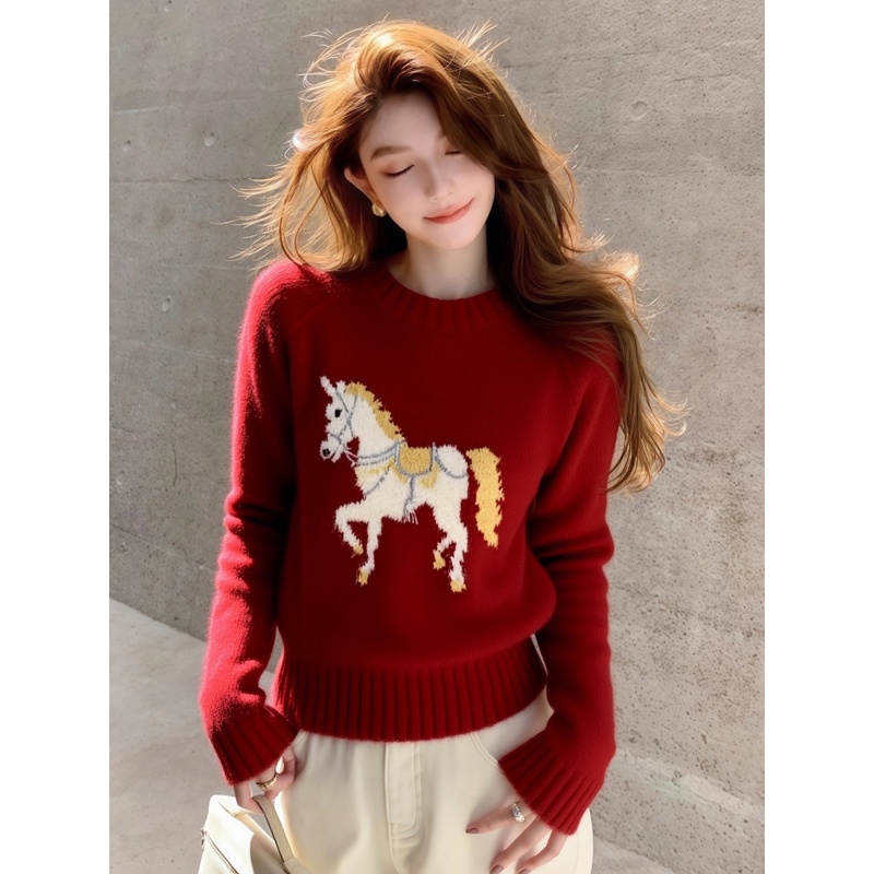 红色印花毛衣2026马年本命年衣服女秋冬慵懒高级感小香风针织上衣