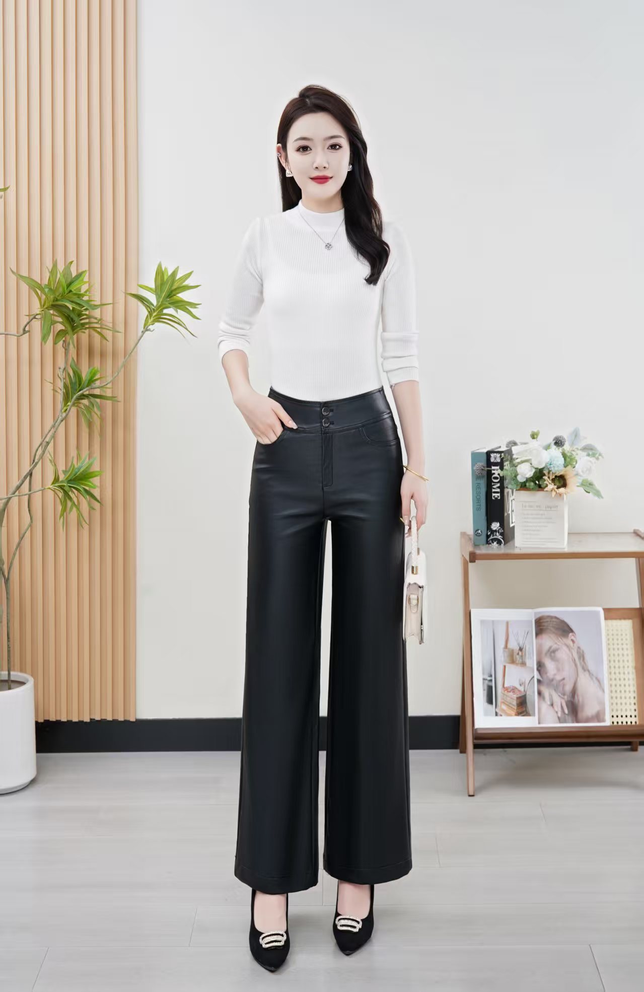 (莹莹女装）2025新款皮裤复古时尚秋冬季高腰气质直筒裤百搭皮裤