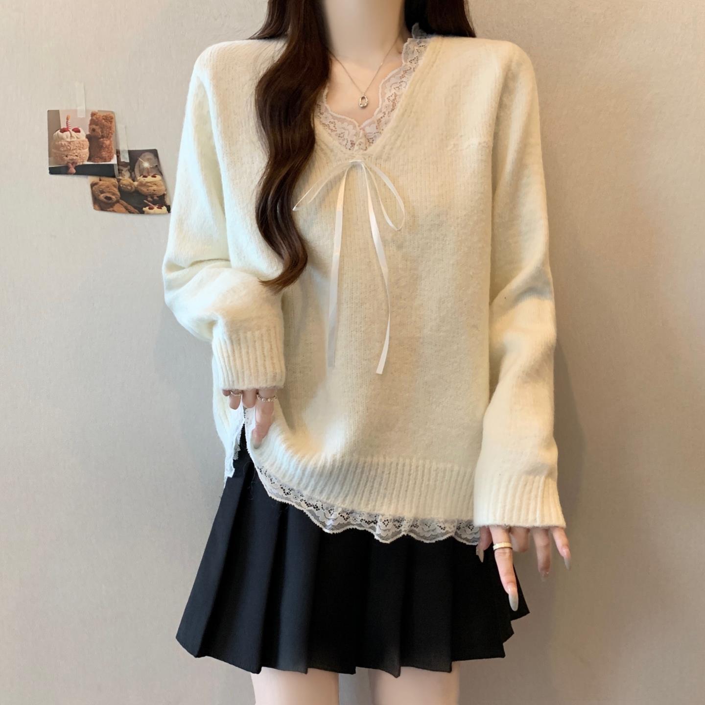 蕾丝拼接V领针织打底衫毛衣女春秋2025大码胖mm高级法式短款上衣