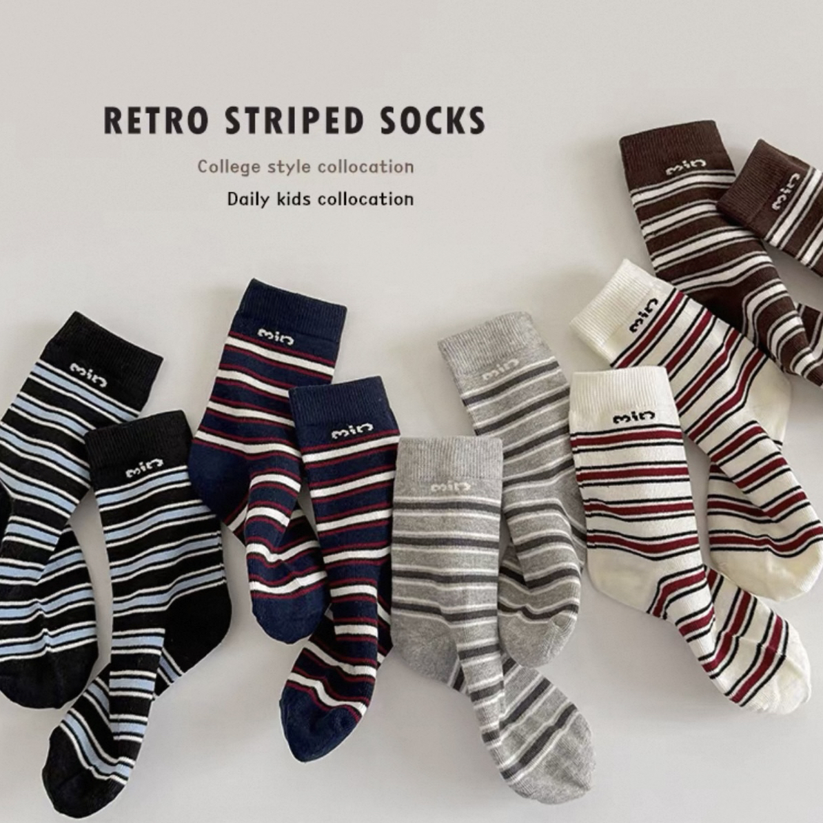 儿童袜子春秋季无骨中筒袜男女童韩版miu系条纹潮袜中大童运动袜