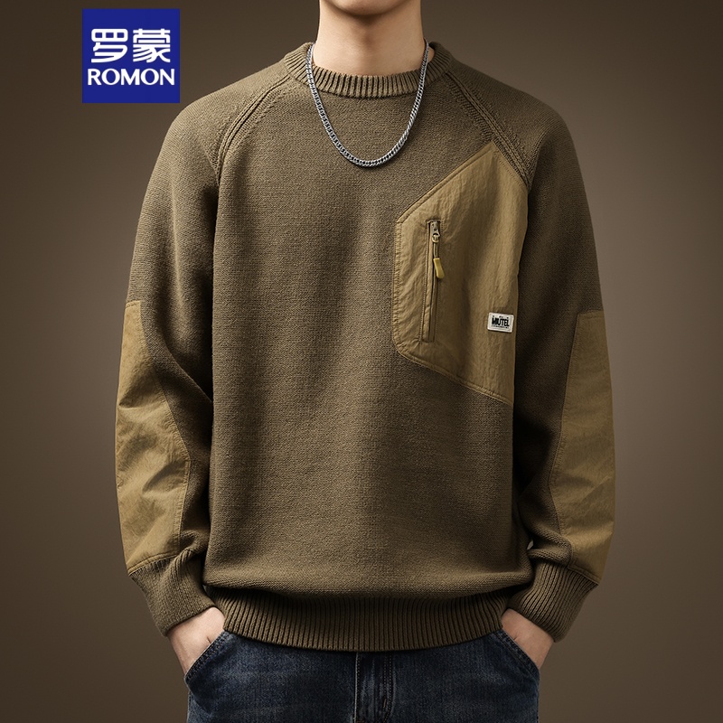 罗蒙重磅复古高端美式拼色口袋毛衣秋季潮牌加厚宽松大码针织衫男