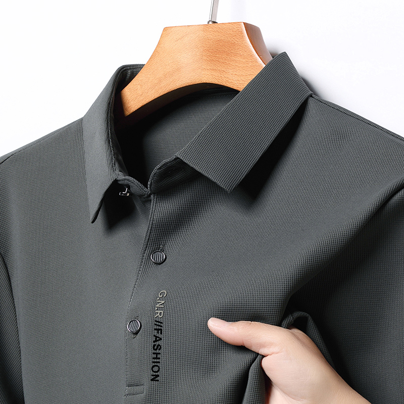 保罗乔威迪男装春秋季门襟字母polo长袖马标翻领男上衣纯色商务