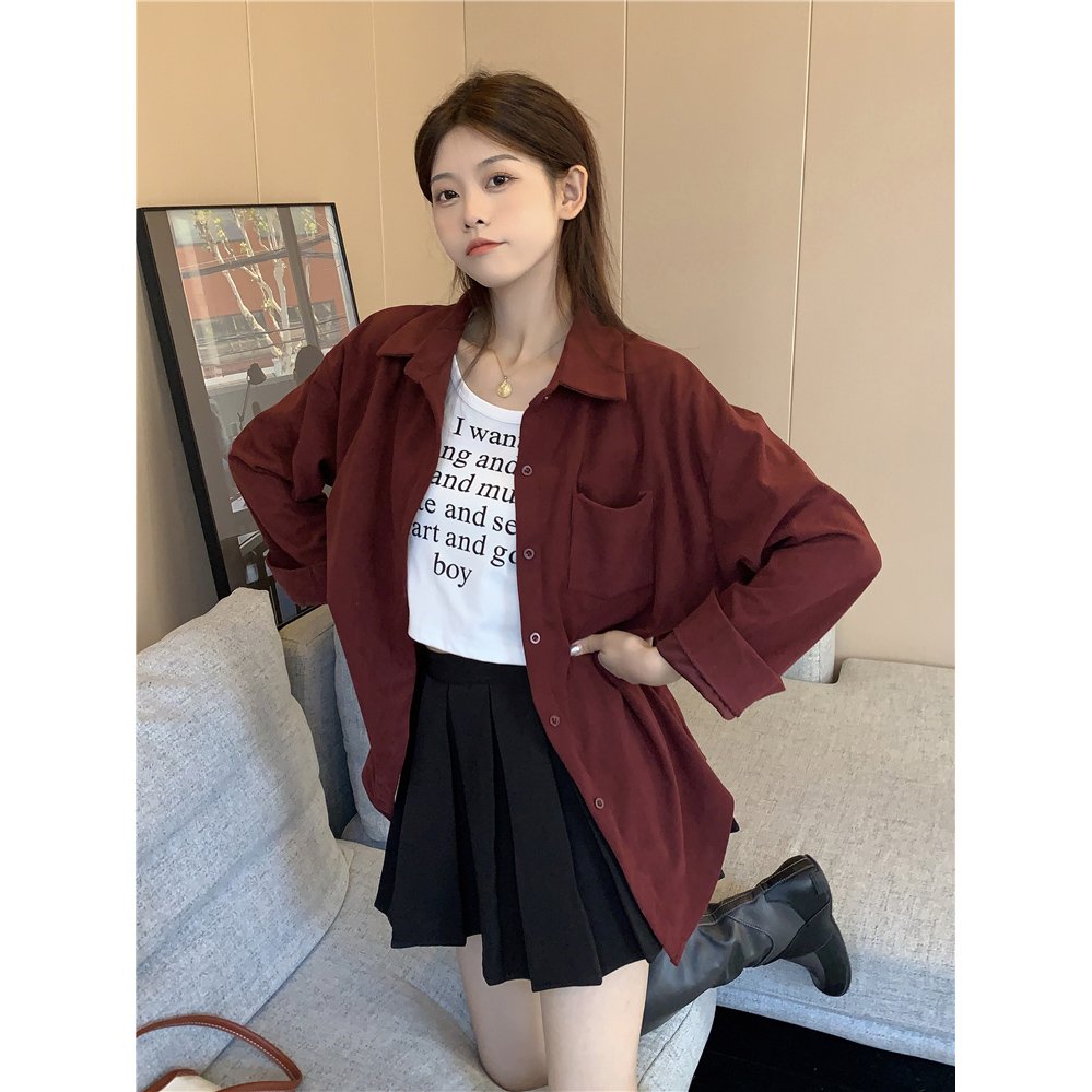 复古灯芯绒衬衣磨毛上衣女宽松慵懒风长袖衬衫外套早秋小个子休闲