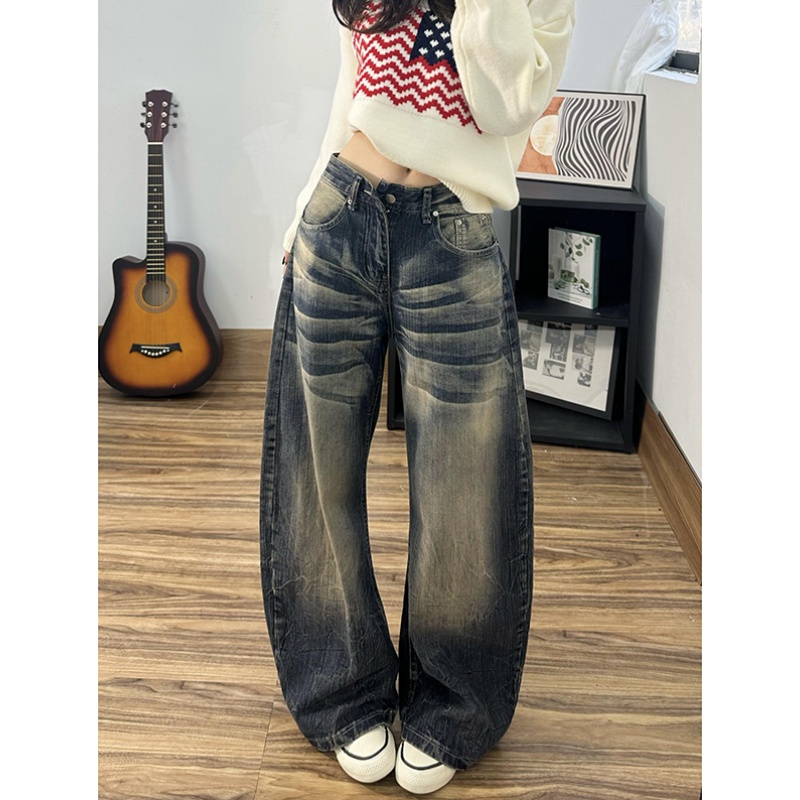 高个子加长美式复古宽松牛仔裤女秋冬新款显瘦弯刀垂感拖地阔腿裤