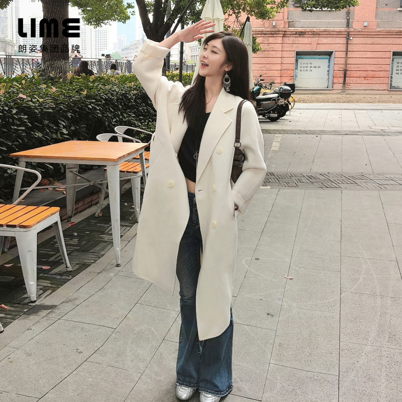 朗姿/莱茵【桃粉绒绒】双面呢长大衣淡粉色/本白色LDGD9AHLC902