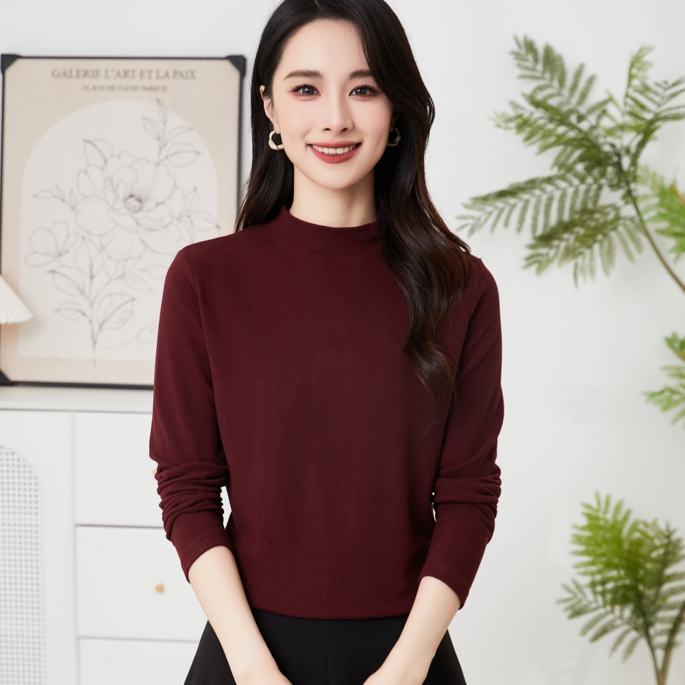 高品质保暖双面澳绒小立领显瘦长袖纯色基础款打底衫内搭T恤上衣