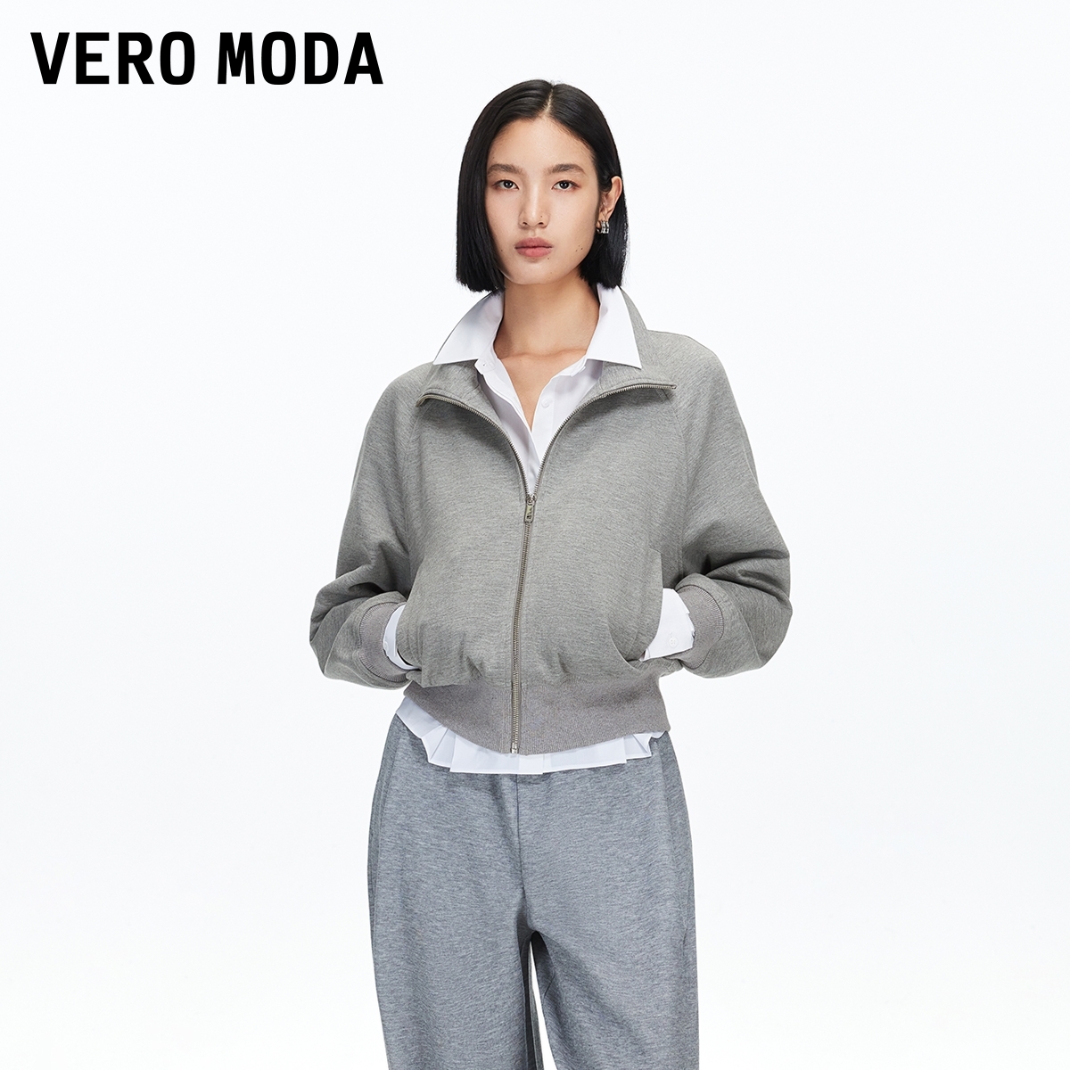 Vero Moda卫衣2025秋含棉松紧袖底摆纯色立领上衣老钱风松弛感女