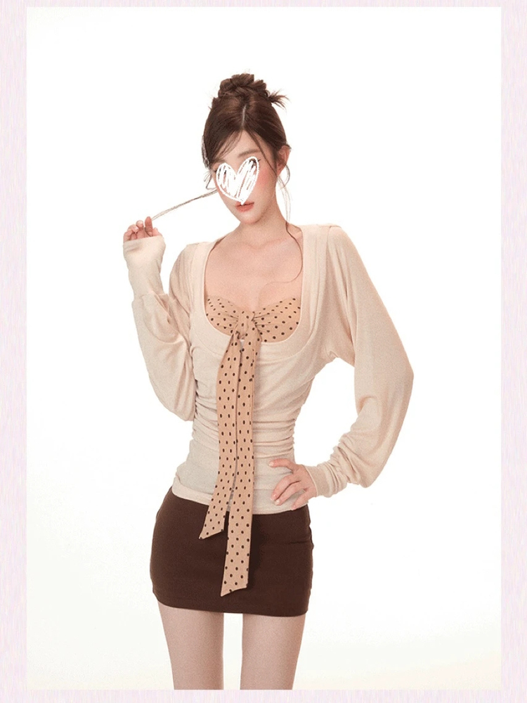 S-4XL法式长袖打底衫T恤波点抹胸背心高腰短裙秋季新款时尚套装女