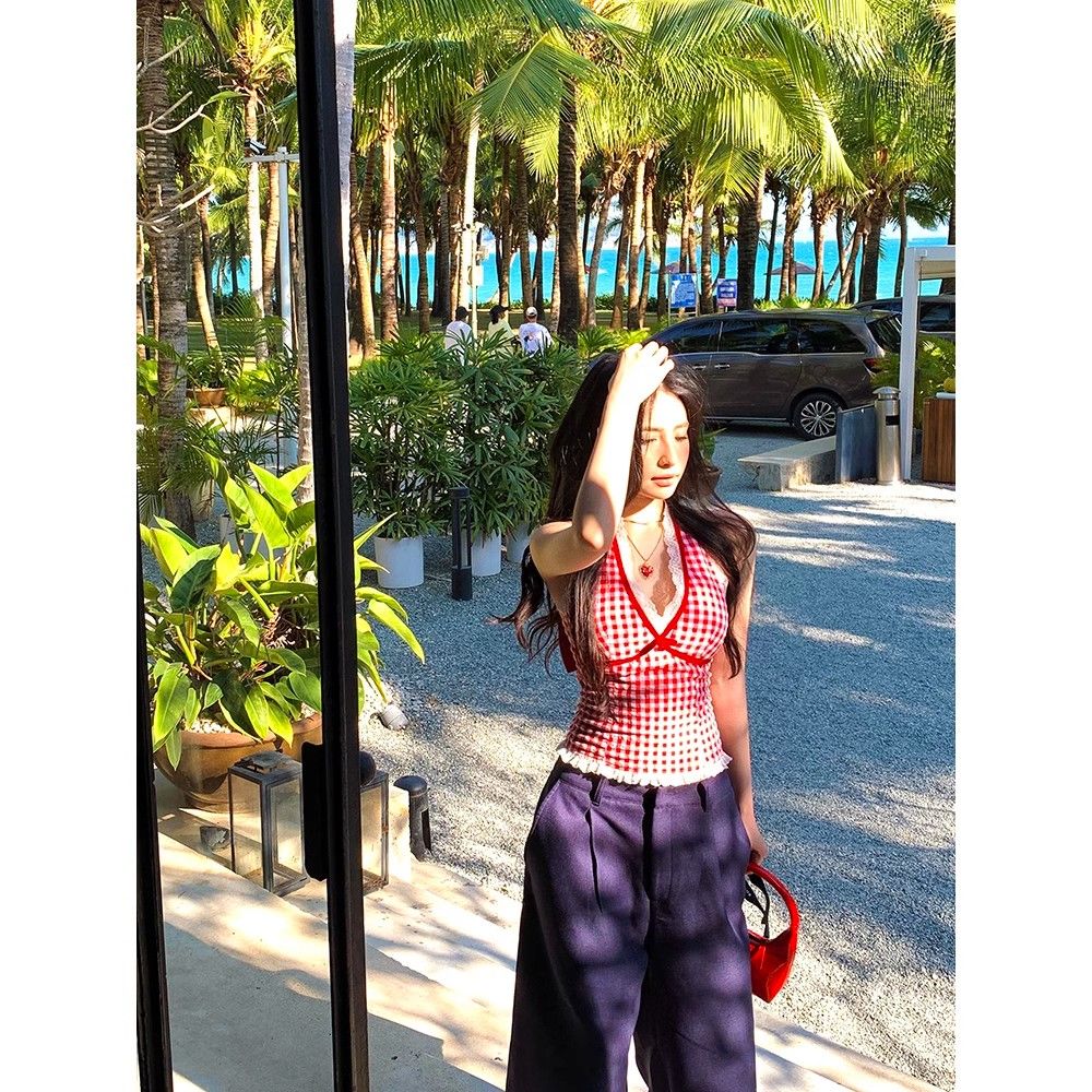蝴蝶结格子短款挂脖背心女夏季修身内搭蕾丝拼接辣妹美背外穿上衣