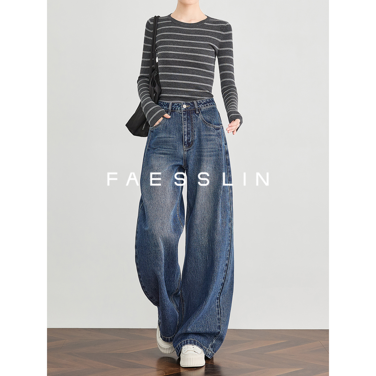 FAESSLIN【视觉减重】复古水洗拖地牛仔裤加长高个阔腿裤秋 | 5358