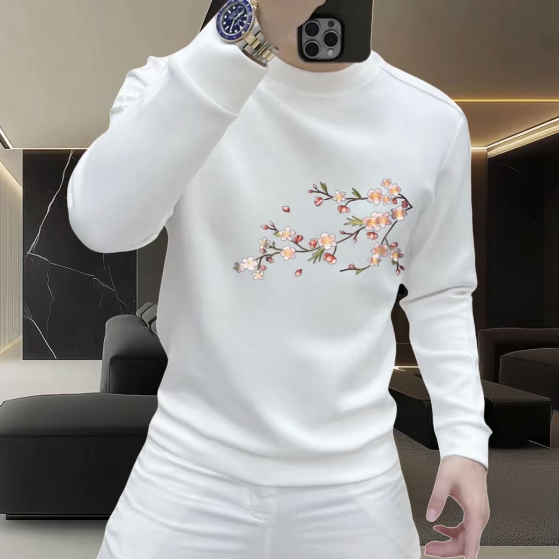 个性潮牌休闲圆领卫衣男款秋冬新款梅花印花百搭潮流爆款时尚加绒