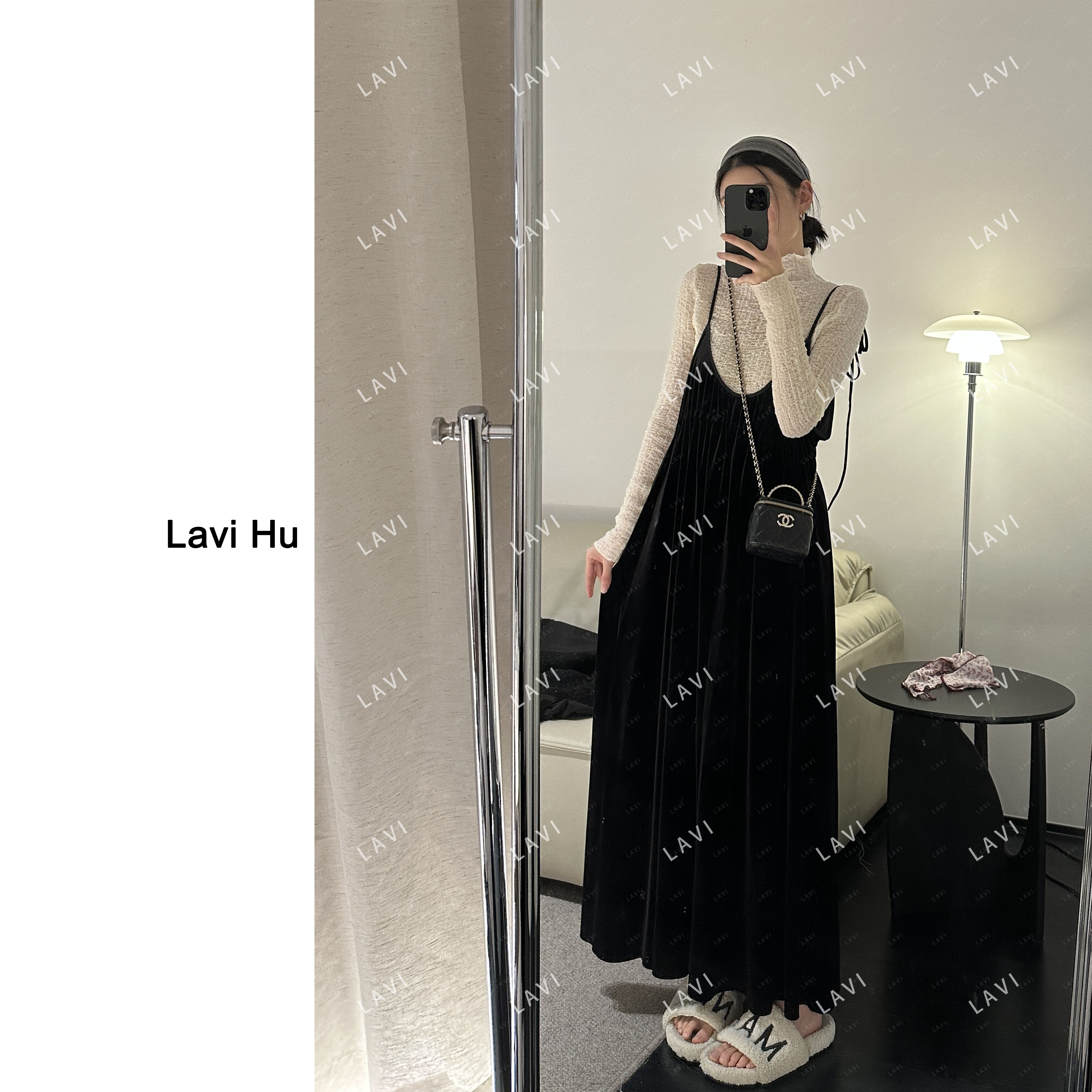 暗夜流光 无袖时尚黑色丝绒吊带长裙2594