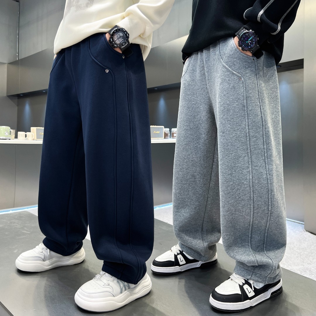 男童加绒裤子秋冬款儿童加厚运动裤2025新款大童弯刀裤男孩阔腿裤