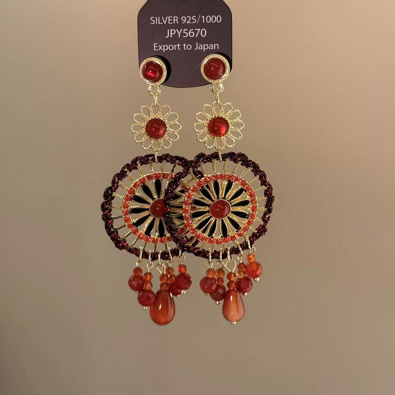 铜合金树脂耳饰 复古红色异域耳环镂空流苏耳钉耳饰西部小城新款