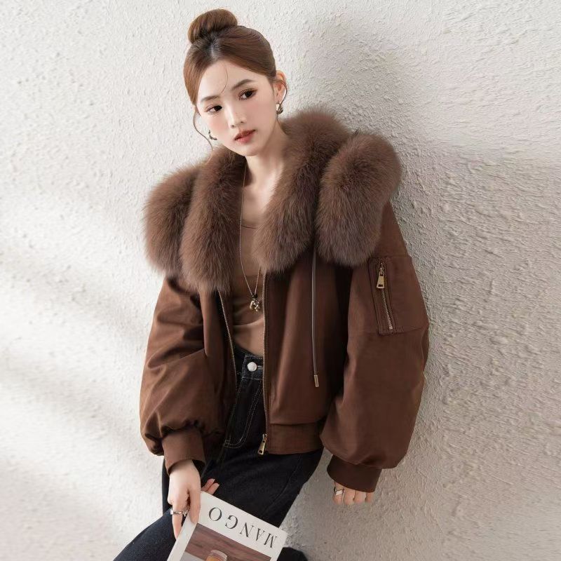 设计感仿麂皮绒小个子短款仿狐狸毛皮草棉服外套女棉服保暖大衣