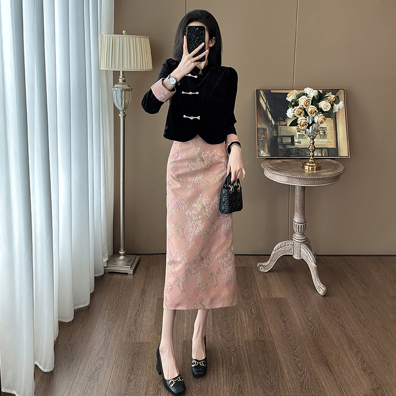 秋季新款时尚改良新中式国风盘扣上衣半身裙气质名媛小香风套装女