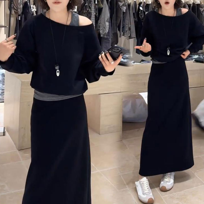 时尚气质假两件拼接上衣女士2025早秋新款洋气半身裙显瘦减龄套装