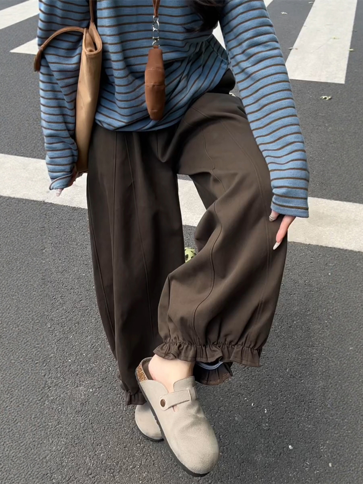 美拉德咖色九分灯笼裤秋季女款大码胖mm梨形身材休闲阔腿花苞裤子