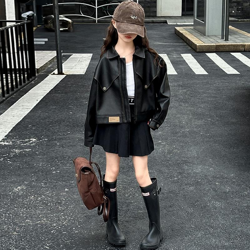 女童春秋季皮衣2025中大女童外套女孩时髦皮夹克衫潮酷春装时尚潮