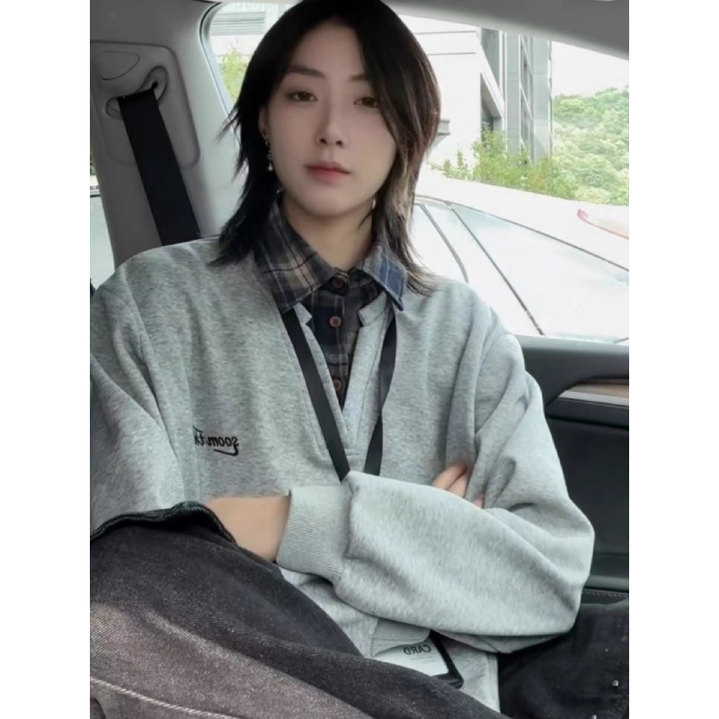 假两件拼接衬衫领卫衣男女春秋季美式复古格子上衣学院风情侣外套
